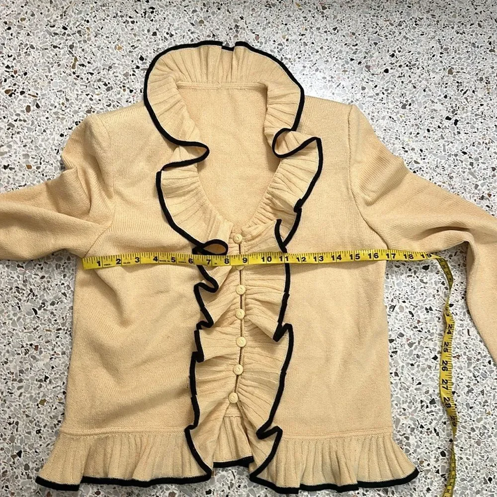 St John yellow black ruffle knit cardigan sweater 6_5